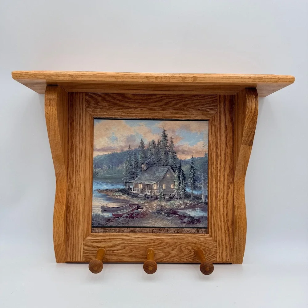 Rustic Oak Wood Wall Shelf Cabin Tile Inlay 3-Peg Key Rack Lodge Decor 13in